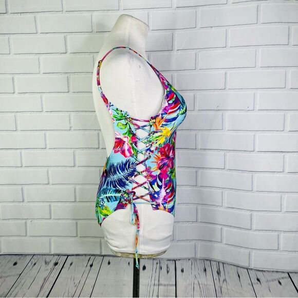 NWT Stylish Swimwear Blue & Pink Tropical Floral One Piece Swimsuit - Size Small - Picture 6 of 14
